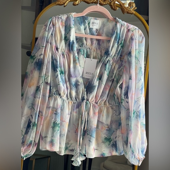 NWT MISA Los Angeles Bina Sheer Top Abstract Pastel Watercolor Size S - Picture 3 of 7